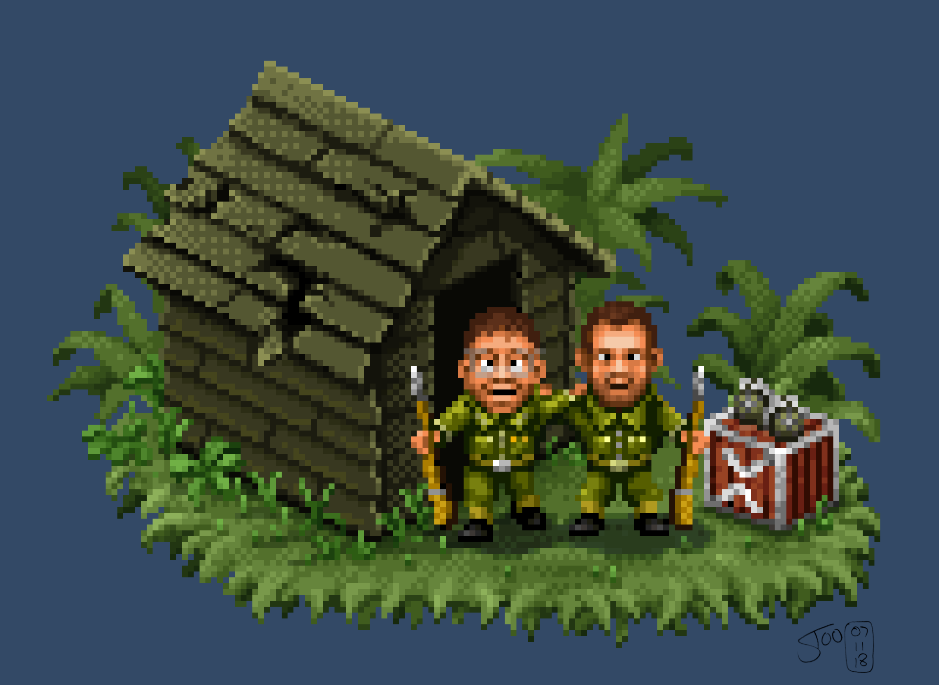 Pixel-art of two Cannon Fodder soldiers in a jungle hut, signed Joo 07/11/18