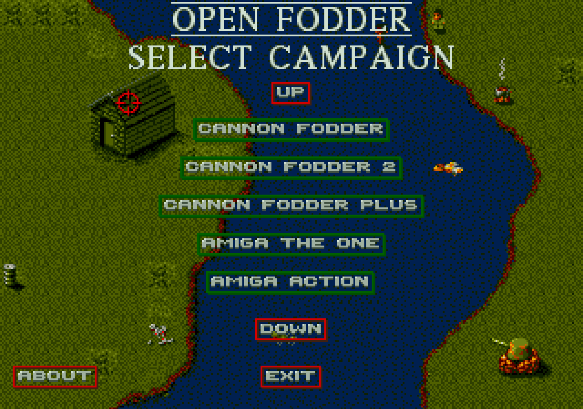 Open Fodder campaign select screen — pixel-art island map with the Cannon Fodder treehouse and river